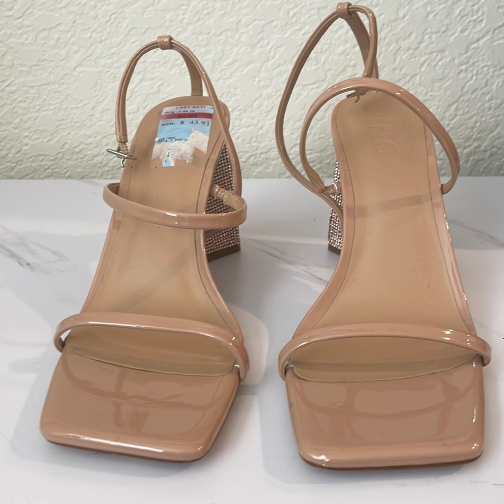 INC Womens Beige Embellished Bixa Square Toe Block Heel Heeled Sandal